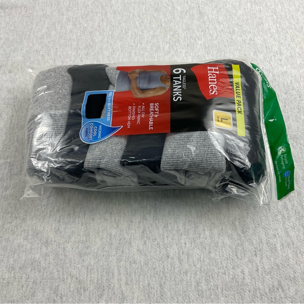 Hanes Men's Tagless Tanks 6 Pack Size: Large Color: Black and Gray - Picture 10 of 10